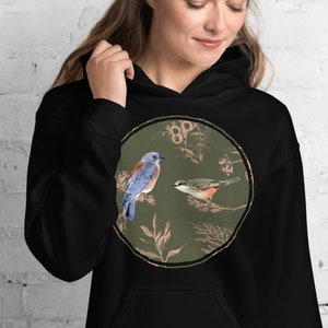 Vintage Bird Hoodie: Audubon Bluebird & Flycatcher, Japanese Floral