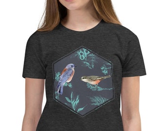 Audubon T-Shirt | Youth | Vintage Bluebird & Japanese Floral Illustration - Unique Gift Idea