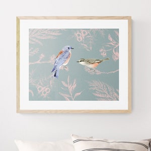 Bluebird Art Print | Audubon Bird Illustration Collage | Japanese Floral Art Inspired
