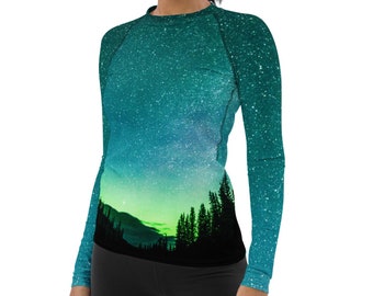 Aurora Borealis Northern Lights UPF Long Sleeve Women's Rash Guard | Galaxy Tee | Outer Space T-shirt