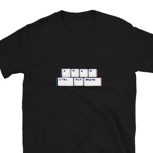May include: Black t-shirt with a white keyboard design featuring the keys '2', '0', '2', '0', 'CTRL', 'ALT', and 'DELETE'.