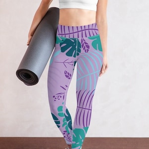 Colorful Leggings :Tropical Yoga , Floral , Purple , Monstera Leaf , Boho , Activewear