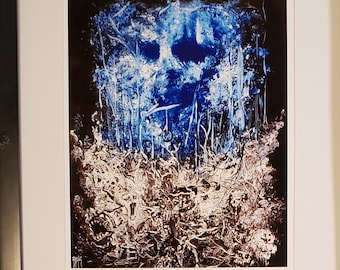 Arte oscuro, impresión a color de 8x10" de pintura acrílica original sobre lienzo. Cosecha en azul, ¿qué ves?