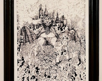 Lámina artística "Demonio de la Avaricia", ilustración surrealista gótica a pluma y tinta (8x10)