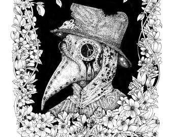 Gothic Steam punk 8"x10" print of original pen and ink illustration Plague Dr