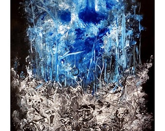 Dark art 8x10" Color Print of original acrylic on canvas painting. Harvest in Blue, What do you see?