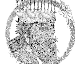 Gothic art print 8"x10" of Original pen and ink illustration. The King is Dead