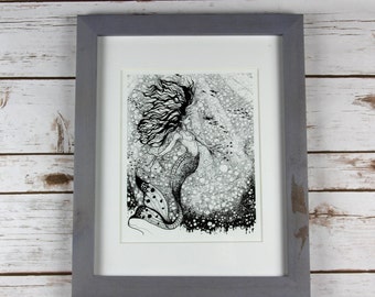 Impresión de arte de sirena, criaturas míticas, pluma de arte original 8x10 y impresión de dibujo de tinta