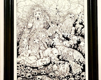 Impresión a pluma y tinta de un hongo perezoso, arte surrealista gótico oscuro (8x10)