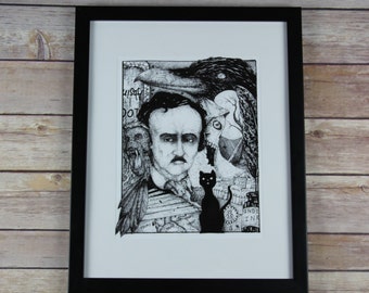 Edgar Allan Poe Art Print, 8x10 Original Art Print, Pen & Ink Drawing