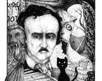 Edgar Allan Poe Art Print, 8x10 Original Art Print, Pen & Ink Drawing