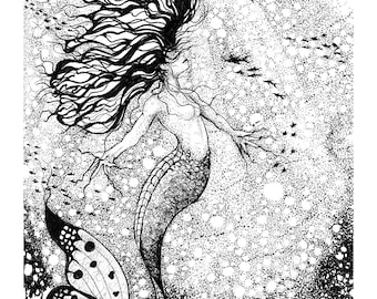 Mermaid Art Print, Mythical Creatures, 8x10 Original Art Pen & Ink Drawing Print