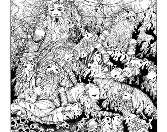 Sloth Mushroom Pen & Ink Print, Dark Gothic Surreal Art (8x10)