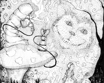 Impresión artística de Alicia en el país de las maravillas, impresión artística original de 8x10, dibujo a pluma y tinta