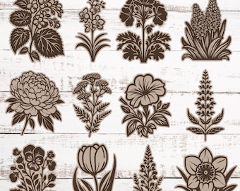 Puede incluir: Un conjunto de 12 ilustraciones florales en silueta en blanco y negro. Las flores son de varios tipos, incluyendo peonías, tulipanes, lirios y margaritas. Las ilustraciones son perfectas para manualidades, scrapbooking o diseño digital.