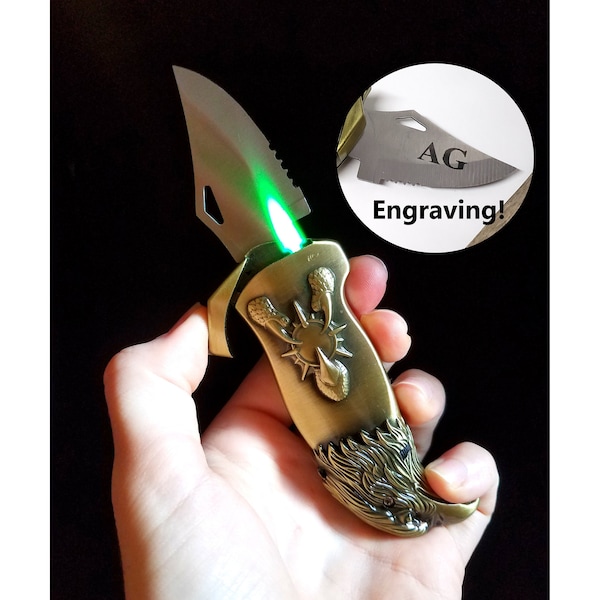 Personalized Green Flame Eagle Lighter and Knife in One - Refillable Novelty Butane Gas Jet Lighter and Pocket Knife