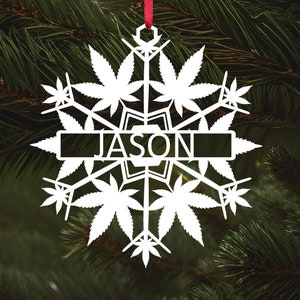 Personalized Marijuana Snowflake Ornament - Funny Customizable Wooden Pot Leaf Christmas Decoration
