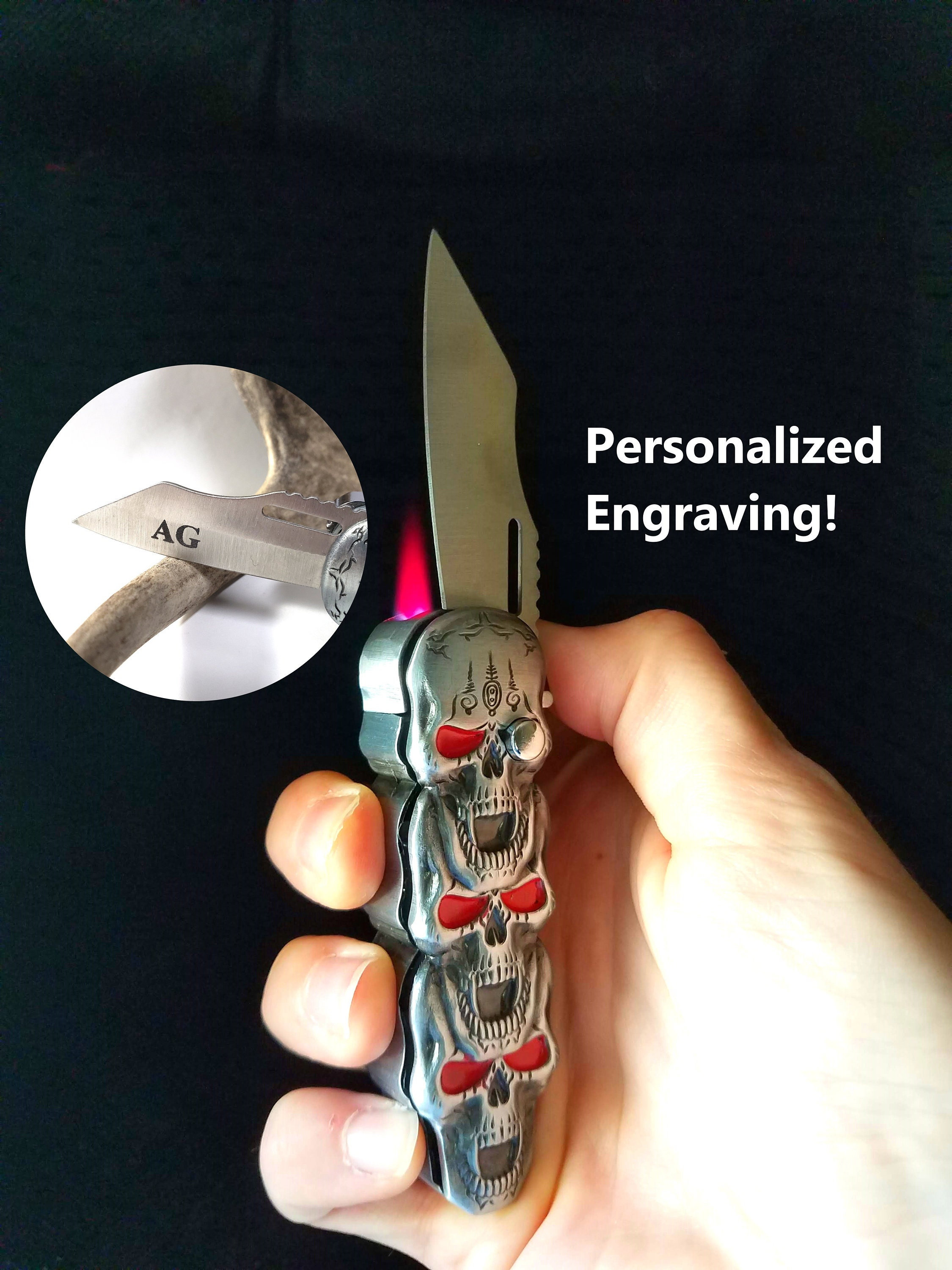 Customized Red Flame Skull Lighter and Knife in One Etsy Canada