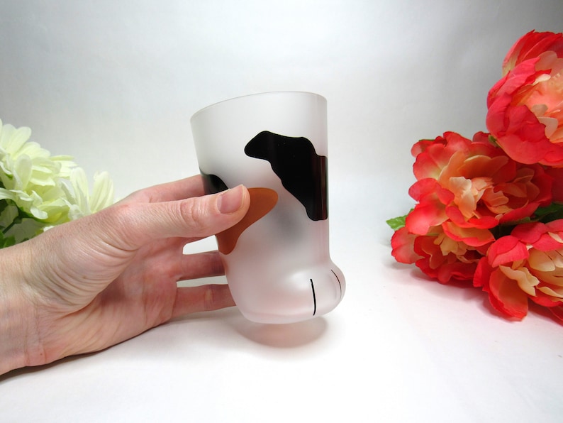 10oz Cat Paw Shaped Personalized Drinking Glass 1pc Frosted Kawaii Kitten Foot Cup with Toe Beans Brown & Black Spots
