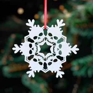 Skull Snowflake Ornament - Creepy Gothic Wooden Holiday Halloween or Christmas Skeleton Decoration