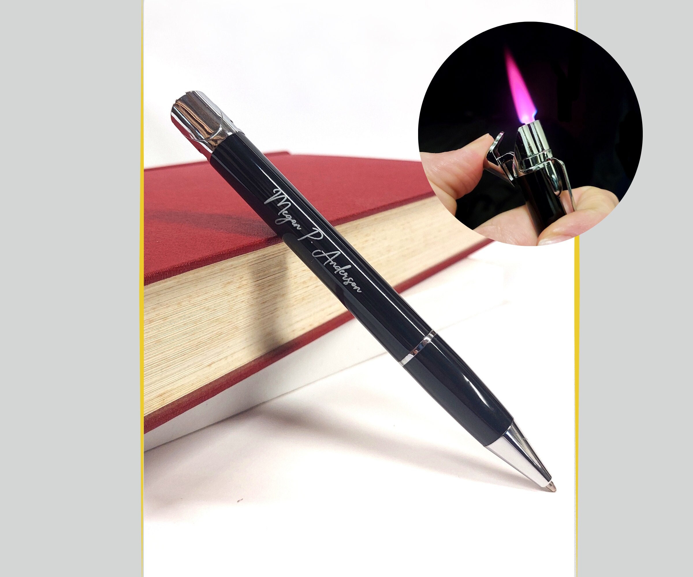 Personalized Ballpoint Pen Lighter Red or Green Flame Refillable