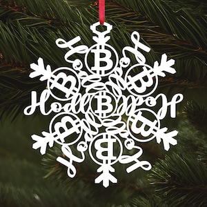 May include: White snowflake ornament with the word "hodl" and multiple Bitcoin symbols. The ornament is hanging on a green Christmas tree.