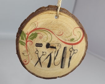 Hair Dresser Wood Slice Christmas Ornament with Optional Wood Burned Personalization on the Back, Barber Wood Slice Christmas Ornament