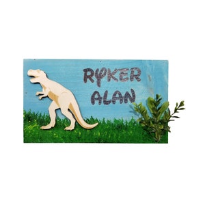 Personalized Kids Name Wood Burned Dinosaur Wooden Canvas Style Plaque