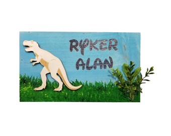 Personalized Kids Name Wood Burned Dinosaur Wooden Canvas Style Plaque