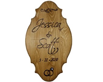 Personalized Wood Burned Wedding Engagement Anniversary Sign Plaque with Names of the Couple Wedding Anniversary Date Ring with Gemstone