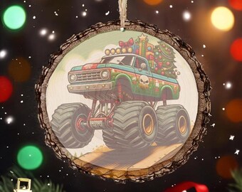 Monster Truck Christmas Ornament: Rustic Wood Slice Holiday Decor