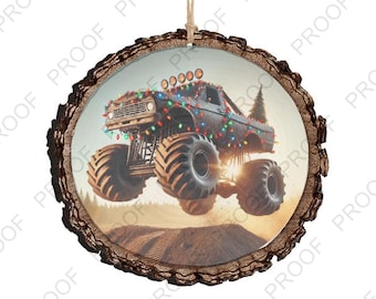 Monster Truck Christmas Ornament: Unique Wood Slice Holiday Decor