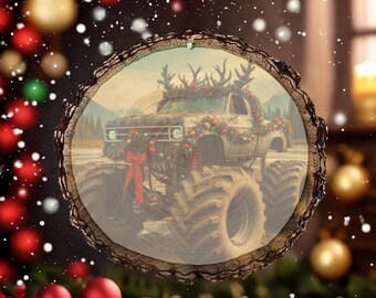 Rustic Monster Truck Wood Slice Christmas Ornament