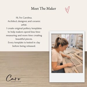 Może przedstawiać: Obraz z tekstem "Meet The Maker" i r&oacute;żowym sercem. Tekst brzmi: "Cześć, jestem Carolina. Architekt, projektant i artysta ceramik. Tworzę oryginalne szablony do ceramiki... Każdy szablon jest testowany w glinie przed wydaniem."