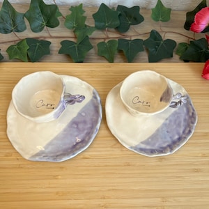 Espresso set for two. Cup and plate set. Handmade coffee set for two. Lilac and white ceramic cup + ceramic plate. Pinch pot technique.