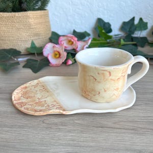 Handmade Peach Ceramic Mug with Saucer: Cabin Chic Tea Cup