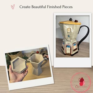Może przedstawiać: Ceramiczny ekspres do kawy z ż&oacute;łtą pokrywką, czarnym uchwytem i napisem "CAFE". Na zdjęciu znajduje się r&oacute;wnież pasujący ceramiczny element z pokrywką i logo "Caro Ceramics". Tekst na zdjęciu brzmi "Create Beautiful Finished Pieces".