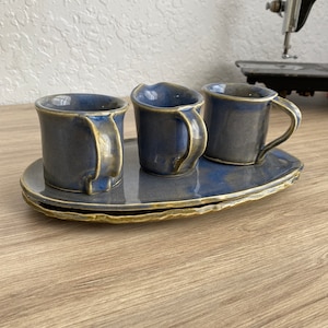 Handmade Ceramic Tea Set for Two: Blue Espresso Mugs with Creamer