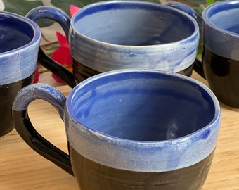 Blue Ceramic mug handmade. Handmade tea mug. Unique coffee mug.  Black and blue color combination. Stoneware mug.