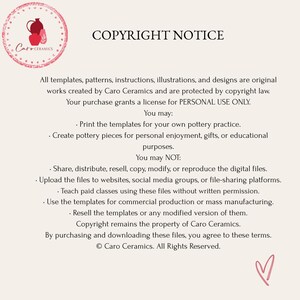 Może przedstawiać: Informacja o prawach autorskich od Caro Ceramics, z logo z ilustracjami ceramiki. Tekst szczeg&oacute;łowo opisuje prawa do użytkowania szablon&oacute;w, wzor&oacute;w i projekt&oacute;w, w tym to, co jest dozwolone i zabronione. Tło jest kremowe.