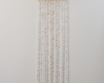 White Gold Bead Curtain Wall Hanging, Crystal Drop Fringe, Driftwood Hanger, Handmade Decor