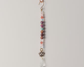 Imperial Jasper Sun Catcher, Bronze Lotus Charm, Crystal Prism, Handmade Boho Decor