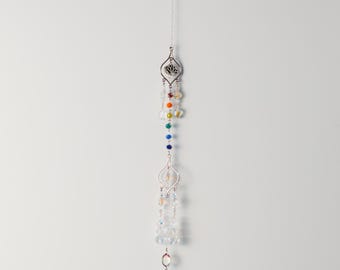 Chakra Crystal Sun Catcher, Silver Lotus Charm, Rainbow Prism Window Hanging