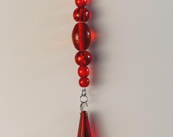 Red Glass Bead Sun Catcher, Red Crystal Prism, Handmade Boho Decor