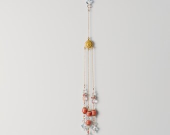 Crystal Heart Sun Catcher, Gold Sun Charm, Peach Floral Beads, Boho Decor