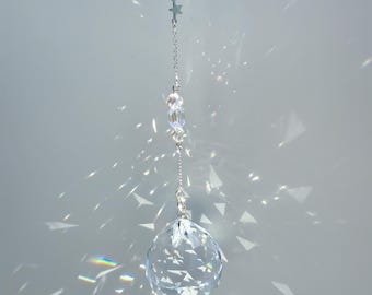 Handmade Celestial Moon Star Sun Catcher, Crystal Prism Window Decor