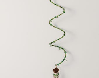 Green Beaded Vine Garland, Crystal Prism Sun Catcher, Boho Window Decor