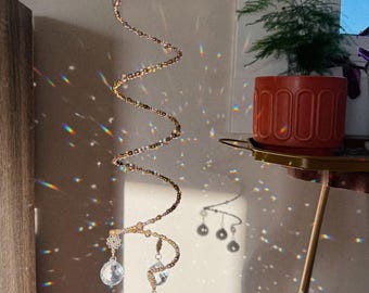 Beaded Spiral Sun Catcher, Gold Seed Bead Garland, Crystal Prism Drops, Boho Window Decor