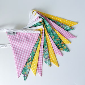 Handmade Bunting - Green Bunnies with Pink Gingham and Yellow Dots - Eco-Friendly Nursery Decor Garland