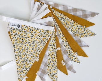 Handmade Bunting - Mustard Bunnies, Latte Gingham n Yellow Mini Florals - Eco-Friendly Nursery Decor Garland